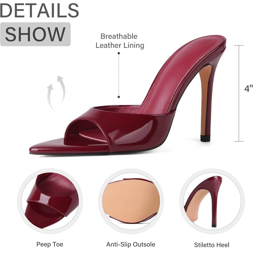 Women's Burgundy Patent Leather Pointed Toe High Heel Mules - Picture 2 of 8
